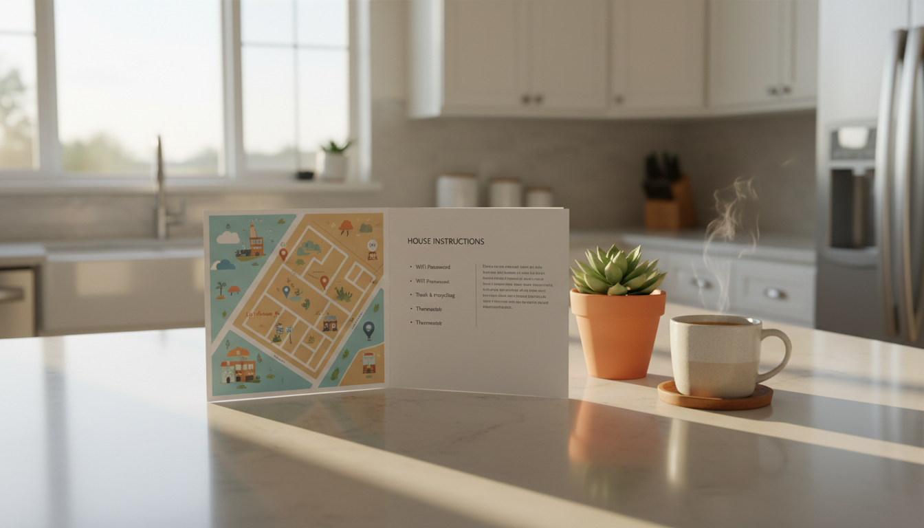A beautifully designed welcome guide booklet open on a kitchen counter, showing a hand-drawn neighbo