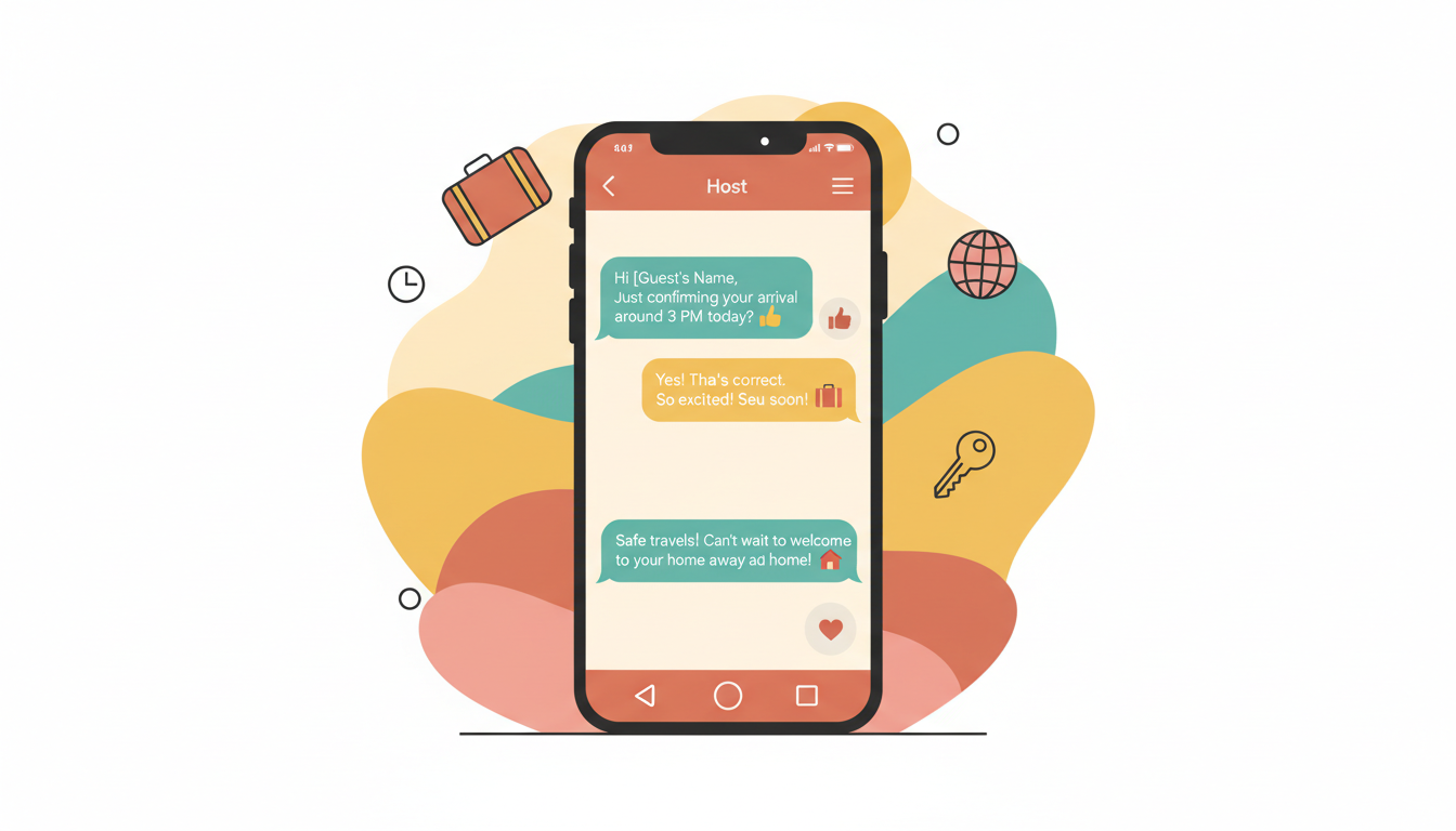 A smartphone showing a friendly text conversation between a host and guest, with messages about arri