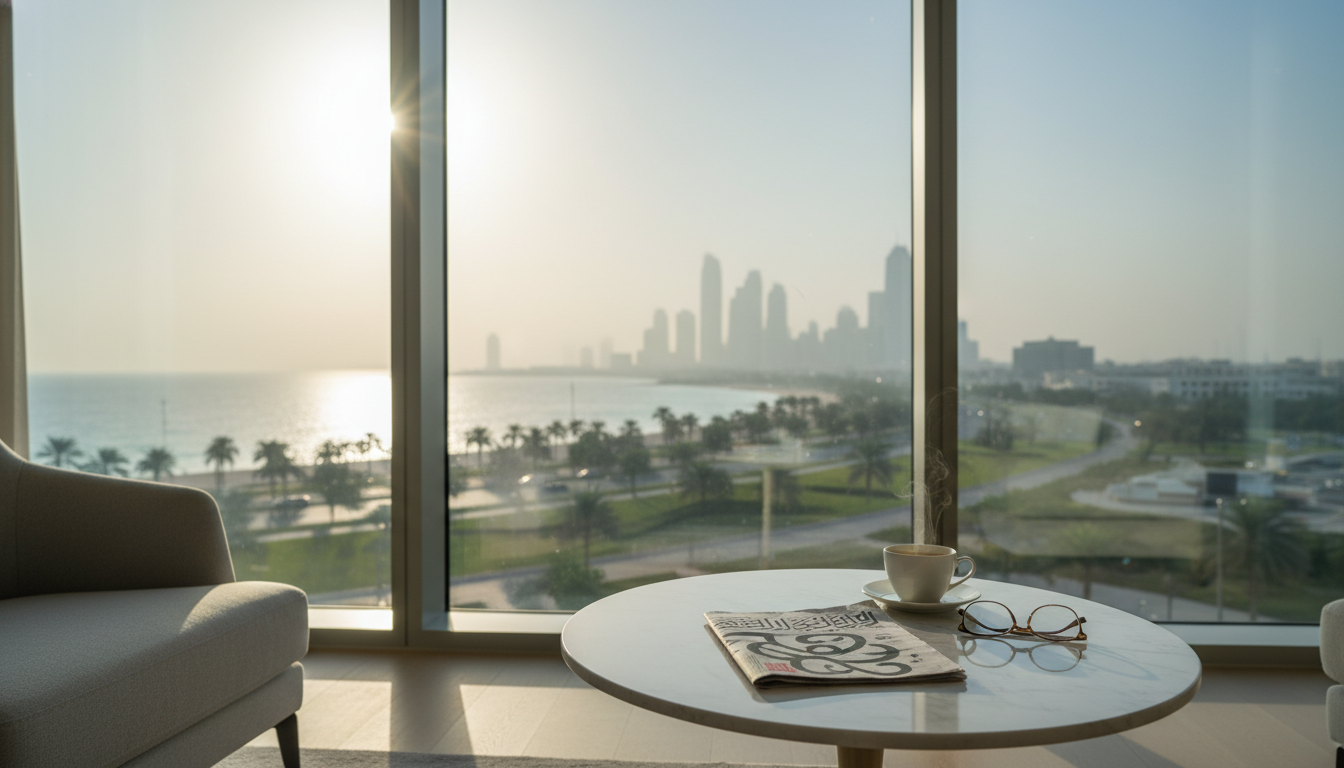 Morning light streaming through floor-to-ceiling windows of a modern Abu Dhabi apartment, with the C