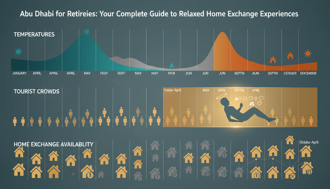 Infographic showing Abu Dhabi monthly temperatures, tourist crowds, and home exchange availability a