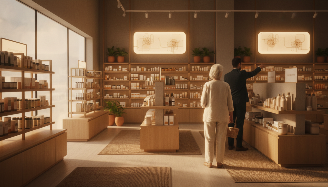 Modern Abu Dhabi pharmacy interior with clearly labeled sections in English and Arabic, a pharmacist