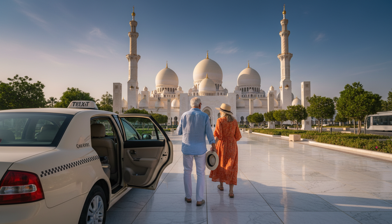 Silver-haired couple exiting an air-conditioned Abu Dhabi taxi at the Sheikh Zayed Grand Mosque entr