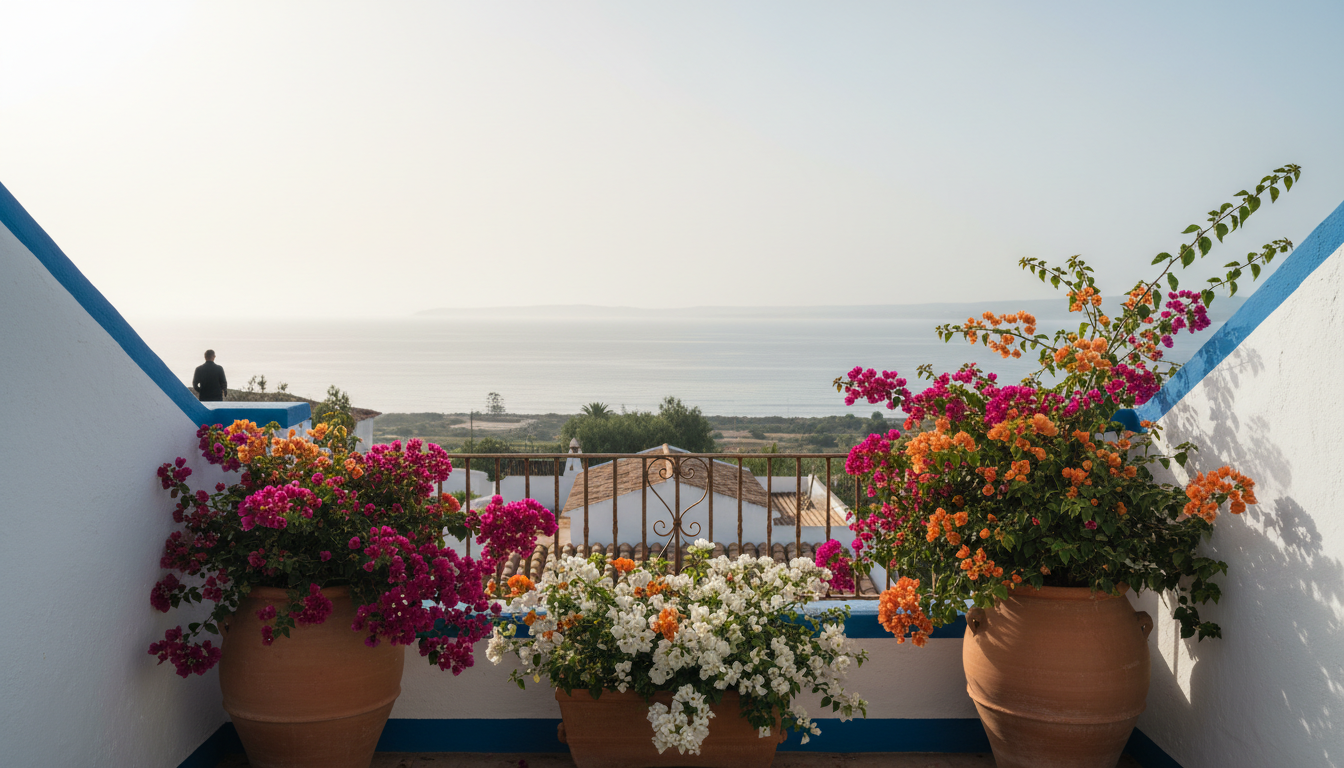 early morning view from a traditional Algarvian villa terrace, white walls with blue trim, terracott