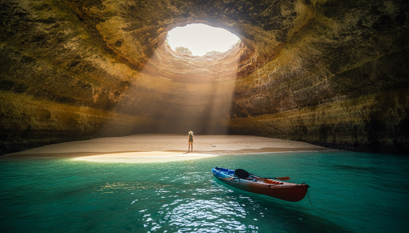 interior of Benagil Cave at golden hour, sunlight streaming through the circular opening in the ceil