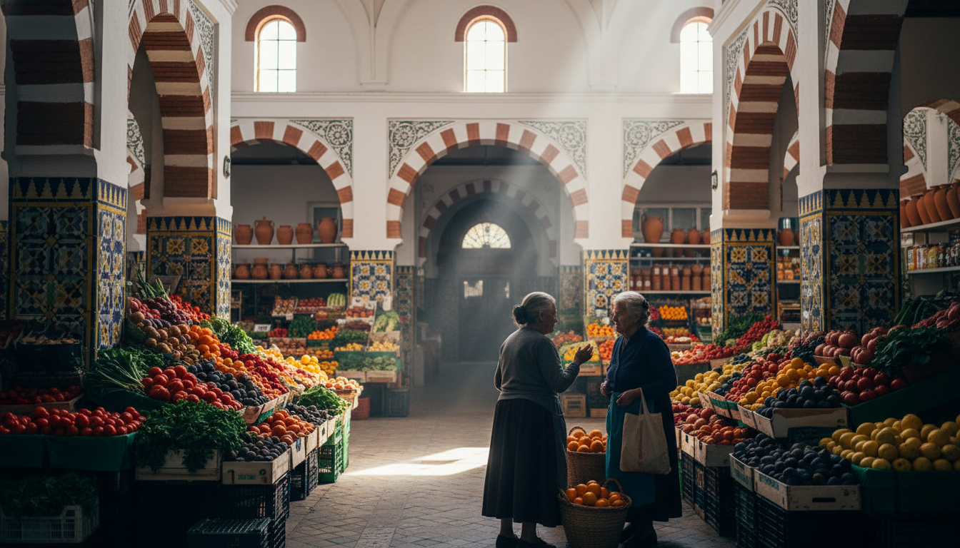 interior of Loul market hall, ornate Moorish arches and tilework, stalls overflowing with colorful p