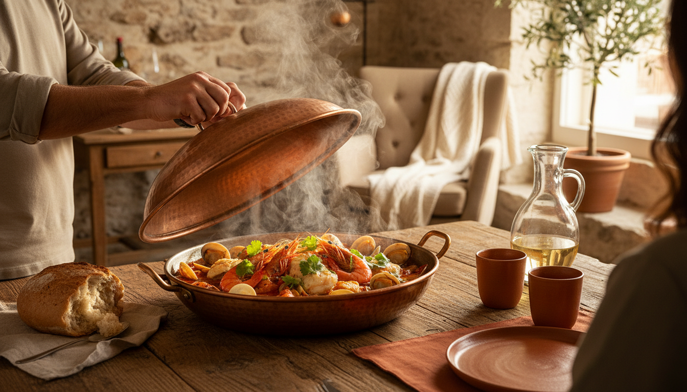 traditional copper cataplana pot being opened at a rustic restaurant table, steam rising, revealing