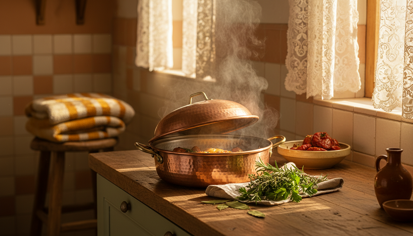 Traditional copper cataplana pot steaming on a rustic Portuguese kitchen counter, morning light stre
