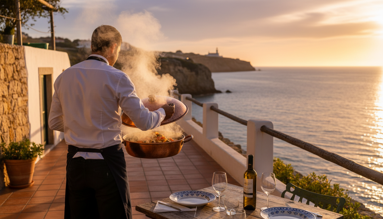 Waiter opening a traditional cataplana at a seaside restaurant in Ferragudo, steam rising, ocean vis