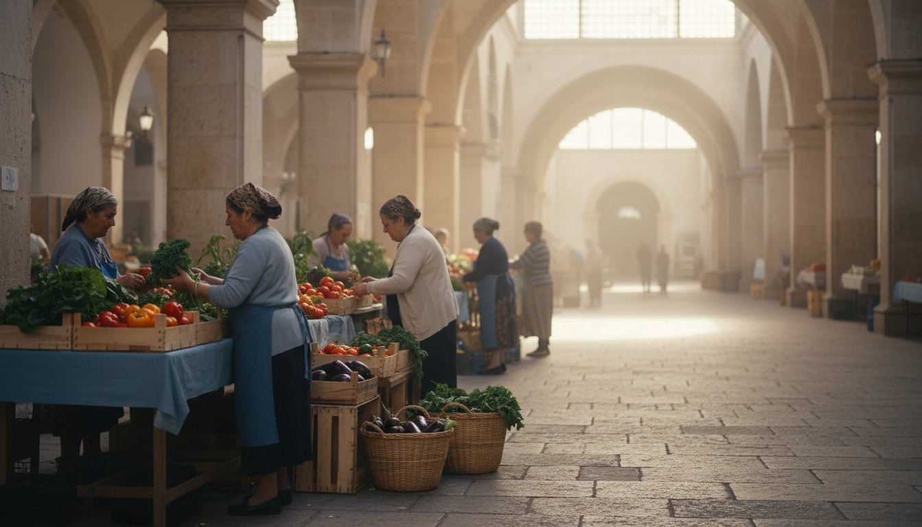 Bustling Saturday morning at Loul market, elderly Portuguese women selling vegetables from wooden cr
