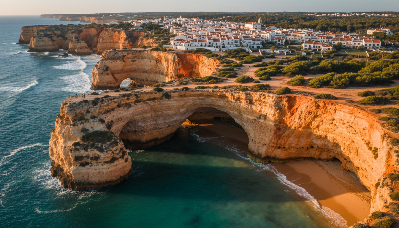 Aerial view of dramatic Algarve coastline at golden hour, showing orange cliffs, hidden coves, and t