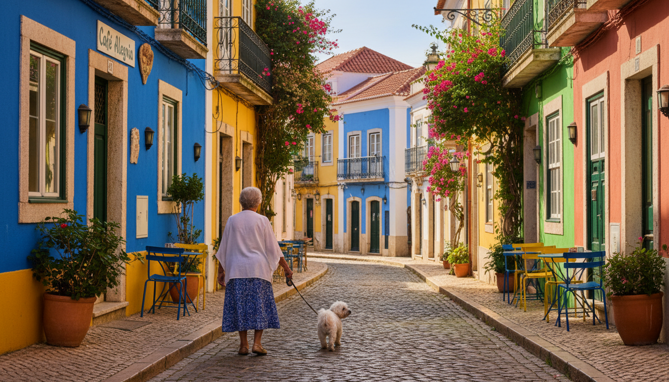 Narrow cobblestone street in Lagos old town at mid-morning, showing colorful painted buildings with