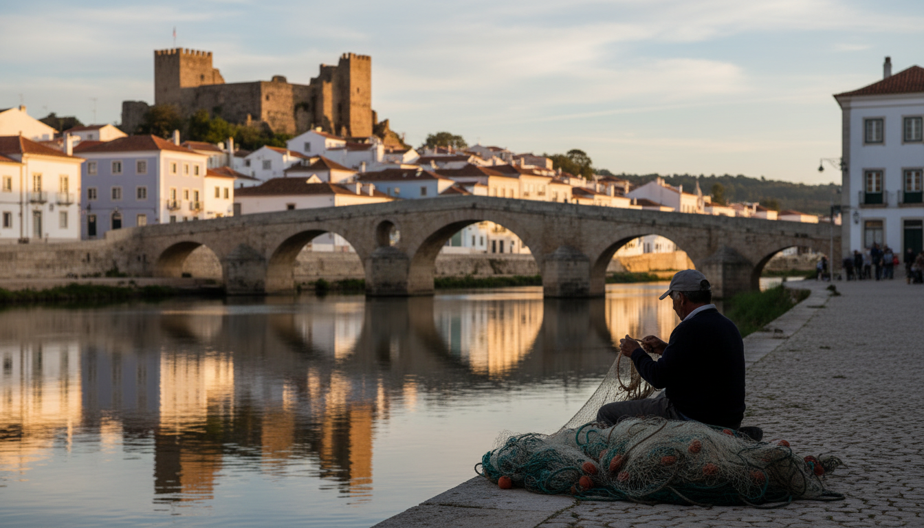View across the Gilo River in Tavira at late afternoon, showing the ancient Roman bridge, traditiona