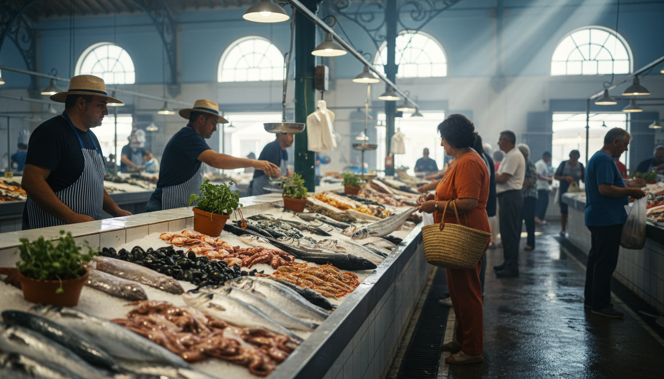 Olhos fish market interior at mid-morning, showing glistening displays of fresh seafood on ice, loca