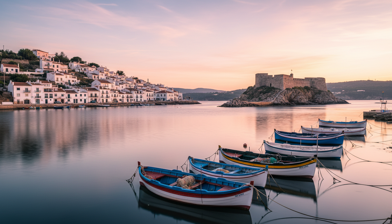 Ferragudo village at sunset, showing whitewashed houses climbing the hillside, small fishing boats m