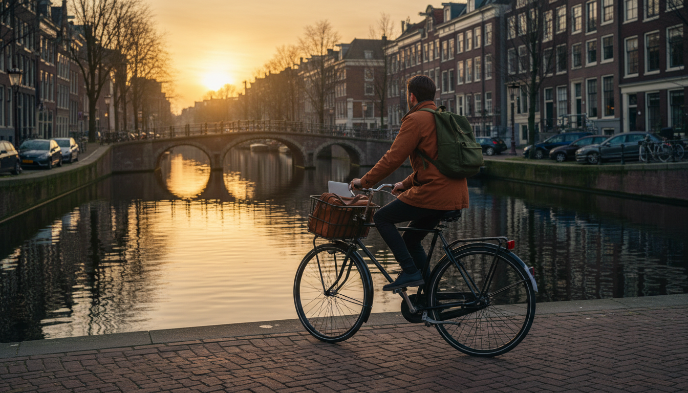 Person on a classic Dutch bicycle riding along a canal in morning light, laptop bag in front basket,