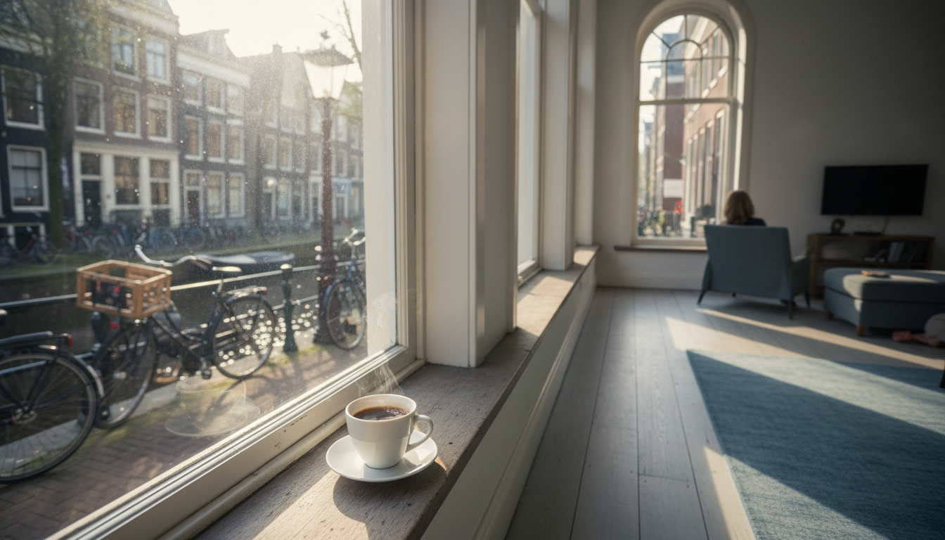Early morning light filtering through tall windows of a canal house apartment in Amsterdams Jordaan,