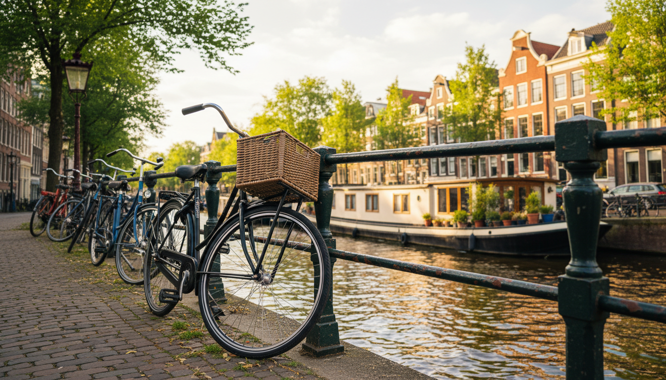 A classic Dutch omafiets grandmothers bike parked against a canal railing in Amsterdam, with other b