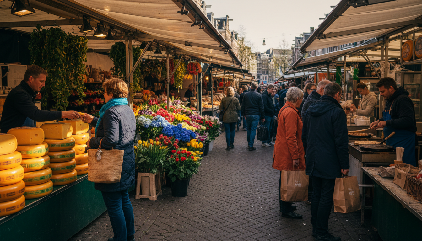 The bustling Albert Cuypmarkt in De Pijp neighborhood, with vendors selling Dutch cheese wheels, fre