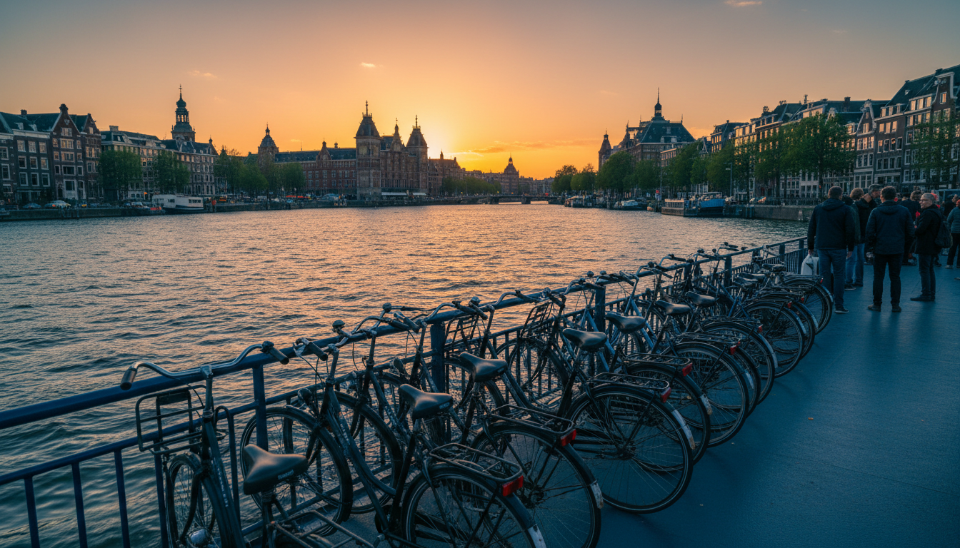 View from the free ferry crossing the IJ river, with Amsterdams skyline including Centraal Station v