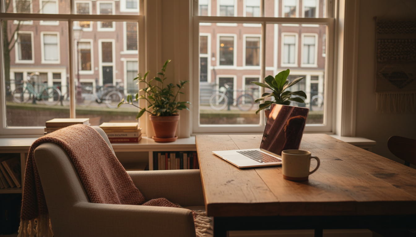 A cozy Amsterdam apartment interior with laptop on a wooden desk, large windows overlooking a canal,