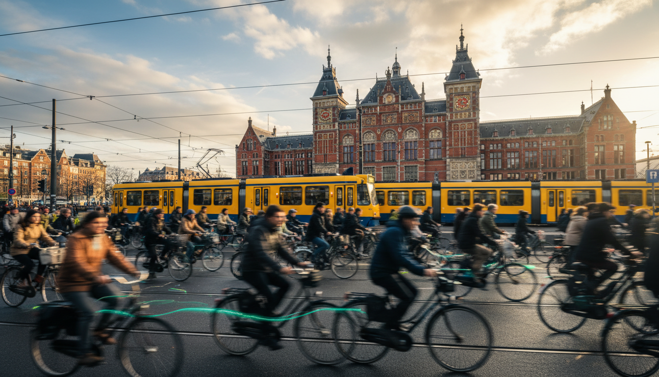 Morning rush hour at Amsterdam Centraal with streams of cyclists crossing the station plaza, trams i