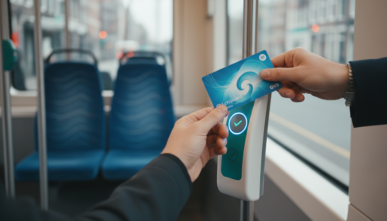 Close-up of hands tapping an OV-chipkaart on a tram validator, with the characteristic blue and whit