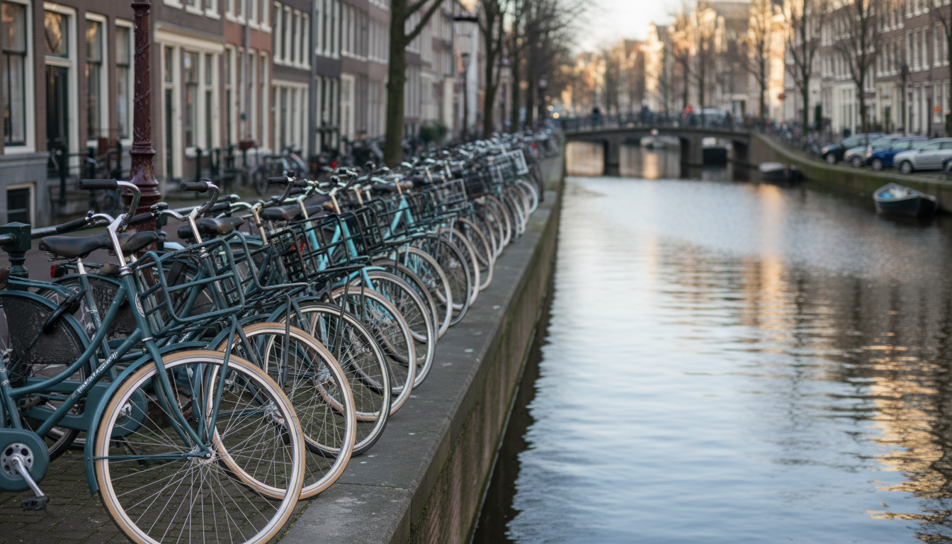 Rows of bicycles parked along a canal in Jordaan neighborhood, with traditional Amsterdam canal hous