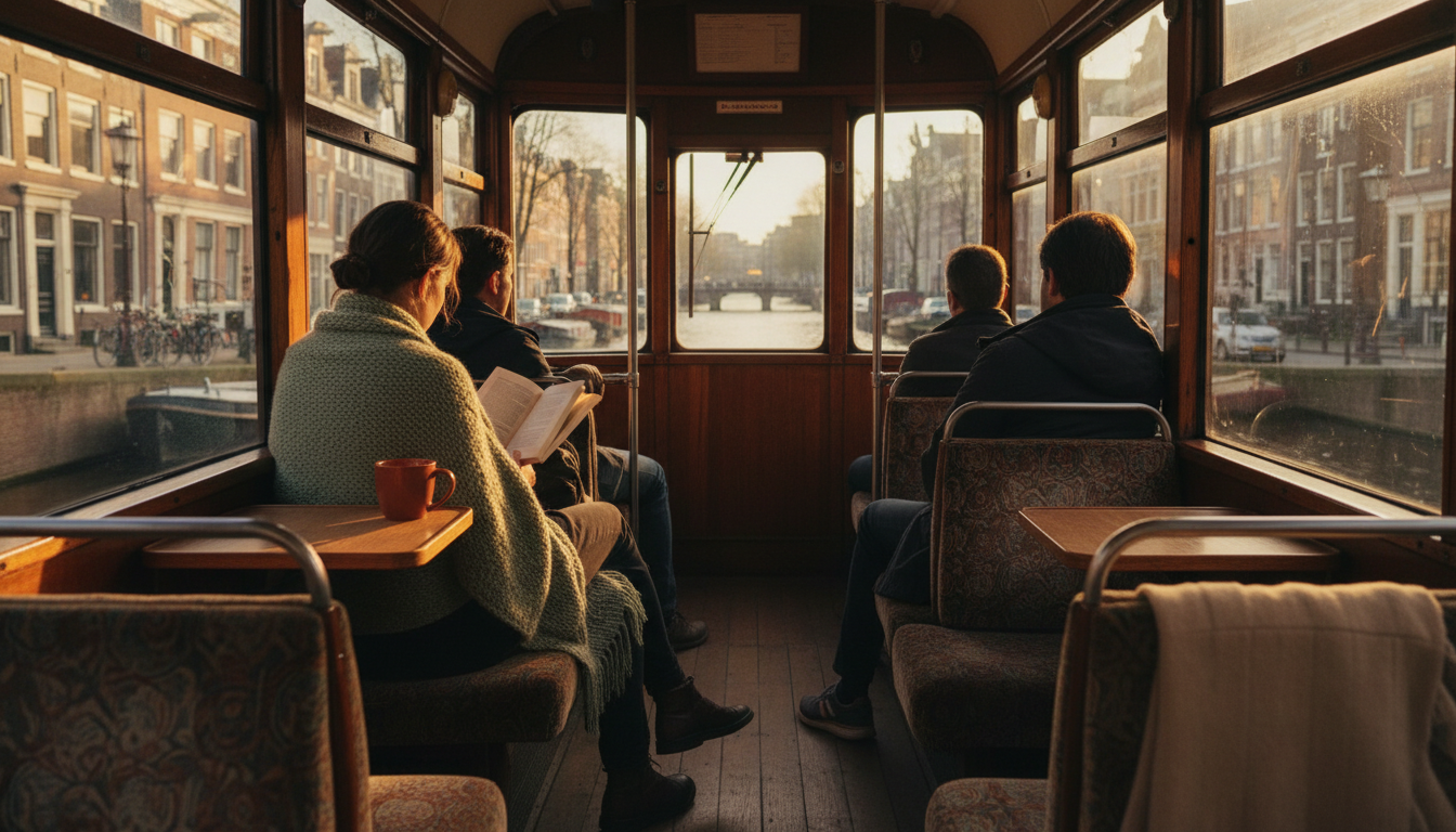Interior of an Amsterdam tram at golden hour, passengers reading and looking out windows, the Singel