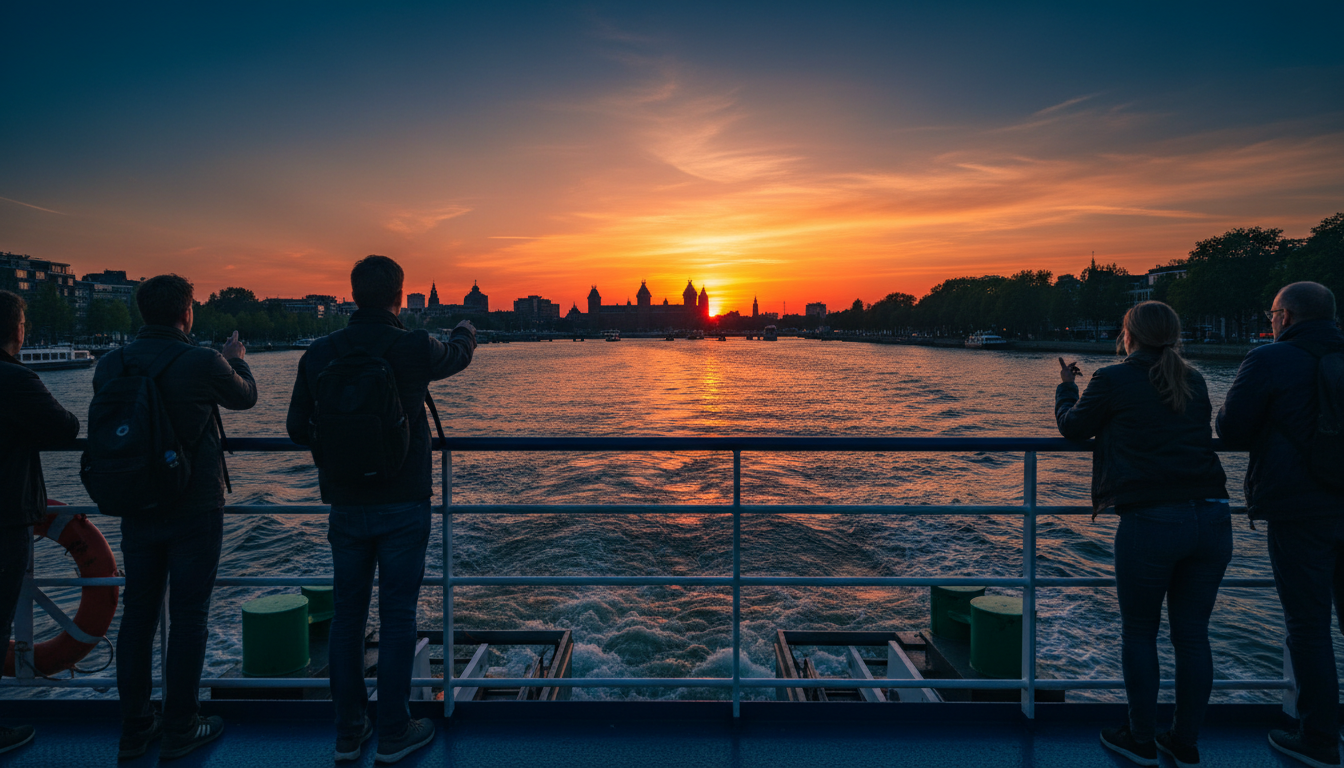 Sunset view from the NDSM ferry with Amsterdam Centraal and the city skyline silhouetted against an