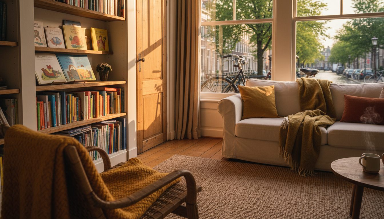 A cozy Dutch canal house living room with large windows overlooking a tree-lined canal, childrens bo