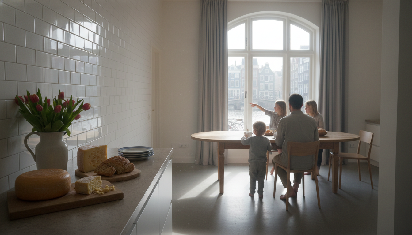 A bright Amsterdam kitchen with white tiles, a wooden breakfast table where a family is eating, Dutc
