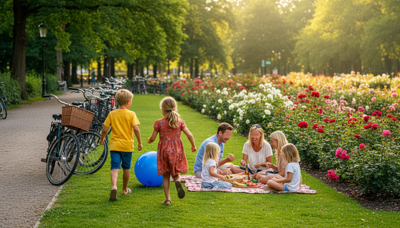 Children playing in Vondelpark on a sunny afternoon, with Dutch families picnicking on the grass, bi
