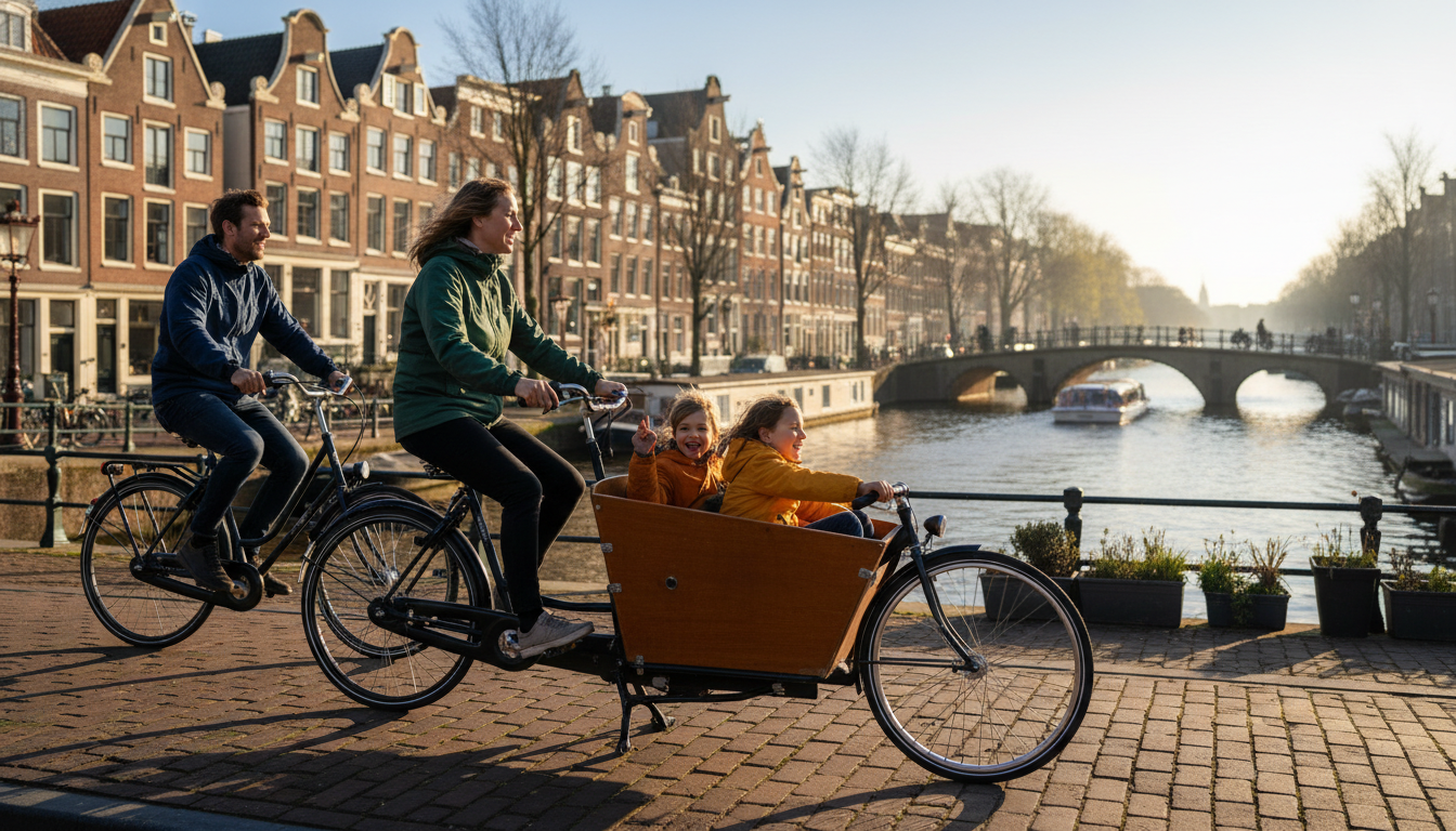 A family cycling along an Amsterdam canal on a sunny morning, parents on regular bikes and children