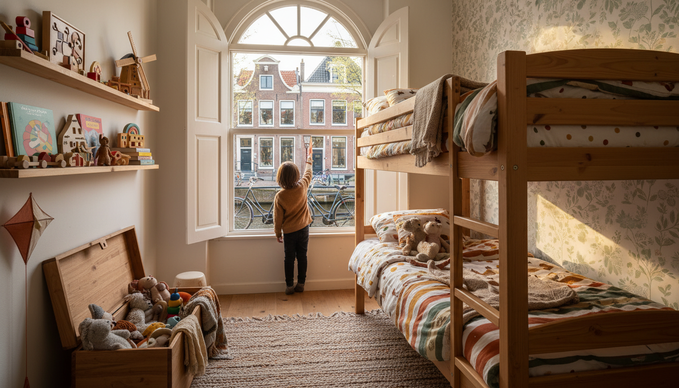 Interior of a Dutch childrens bedroom with bunk beds, colorful bedding, toys on shelves, and a windo