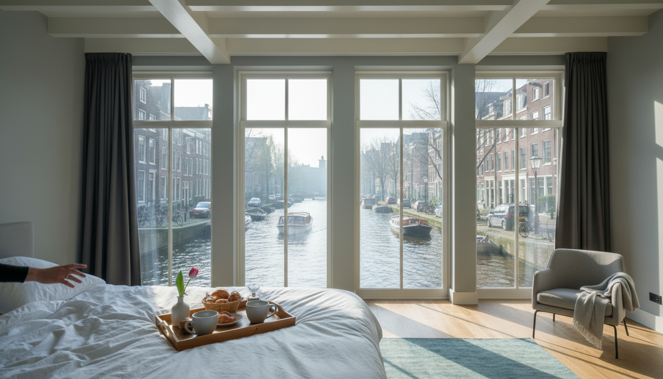 Morning light flooding through floor-to-ceiling windows of a canal house in Amsterdams Jordaan neigh