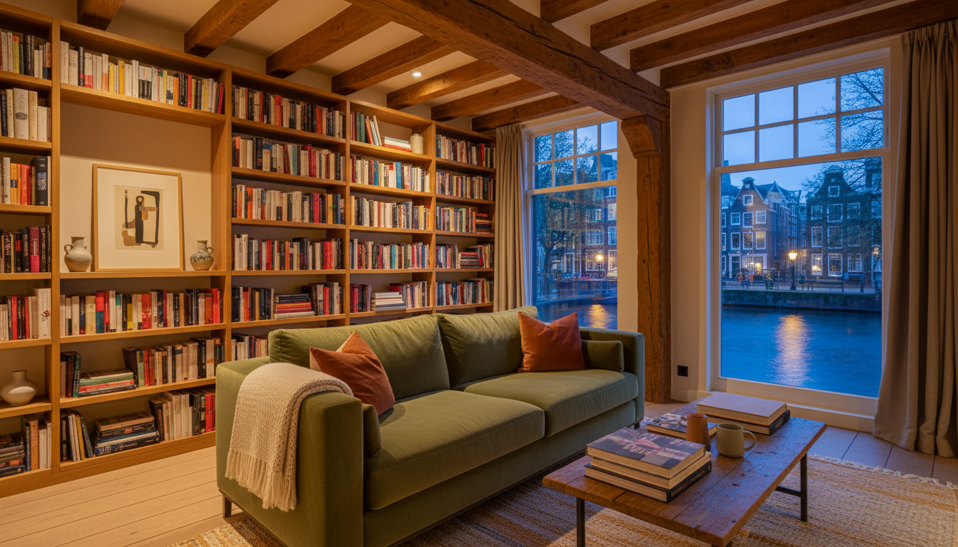 Cozy living room of an Amsterdam canal house with exposed wooden beams, a velvet sofa, floor-to-ceil