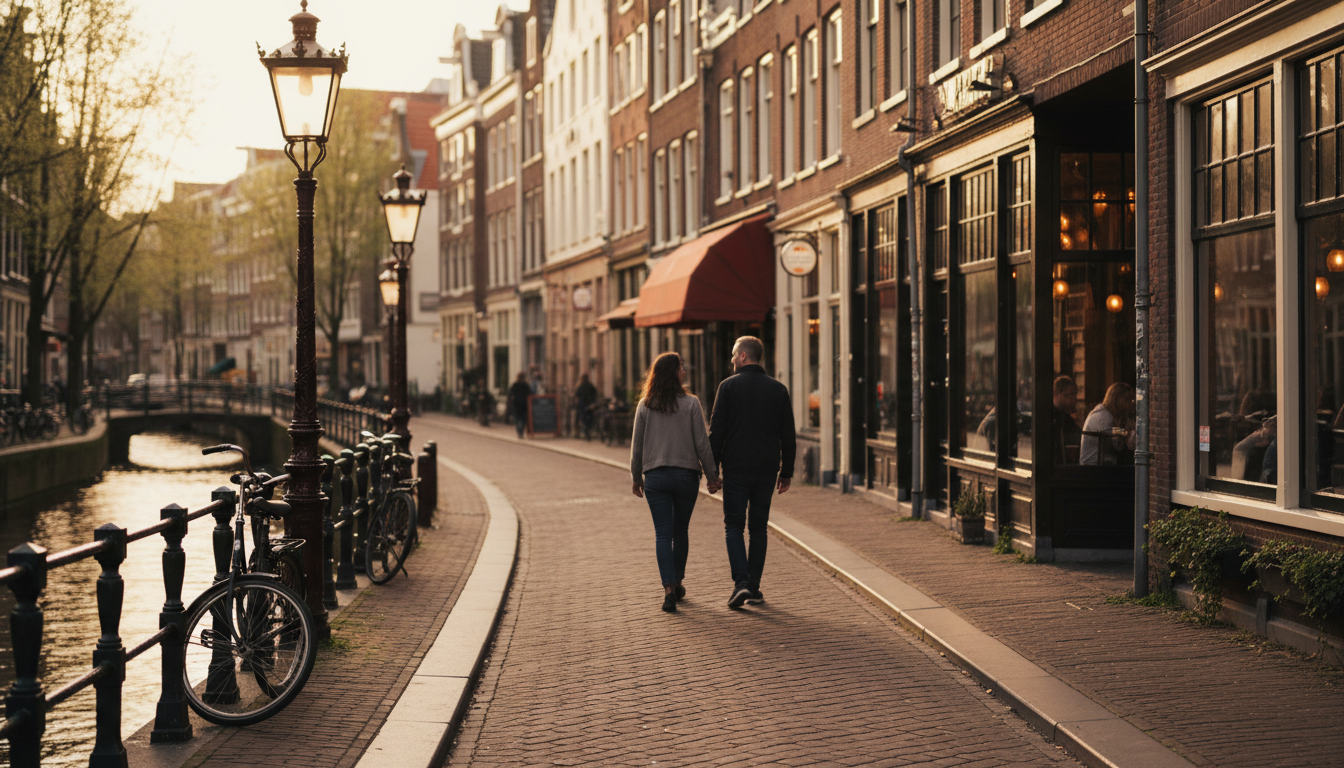 Couple walking hand-in-hand through the narrow cobblestone streets of the Jordaan at golden hour, pa