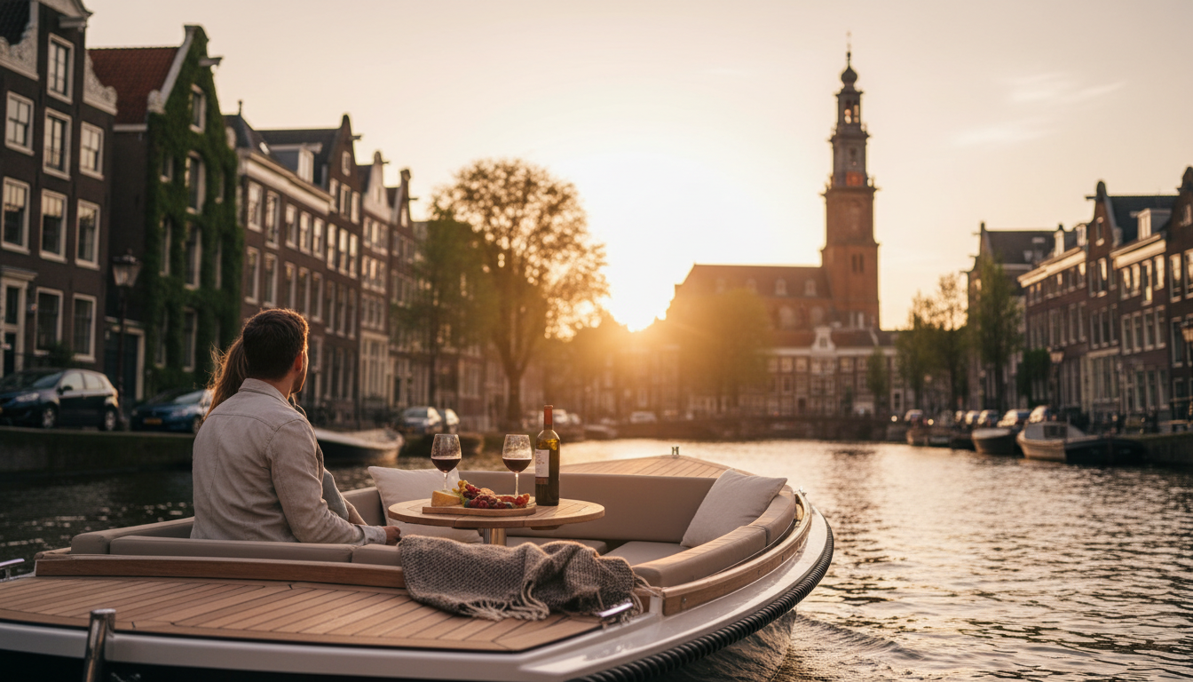 Couple sharing a bottle of wine on a small electric boat cruising through Amsterdams canals at sunse