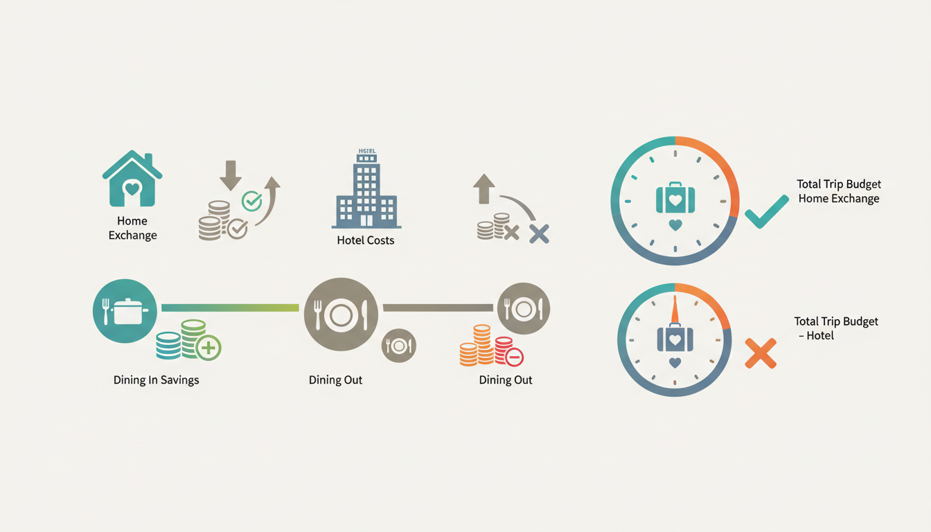 Infographic showing Amsterdam home exchange costs vs. hotel costs for a 7-night anniversary trip, wi