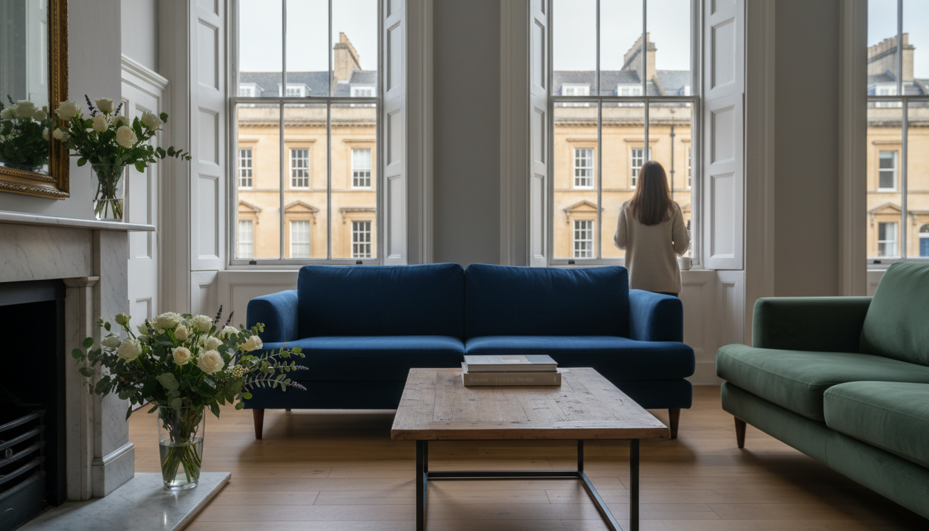 Morning light streaming through tall Georgian windows into a cozy living room with velvet sofas, fre