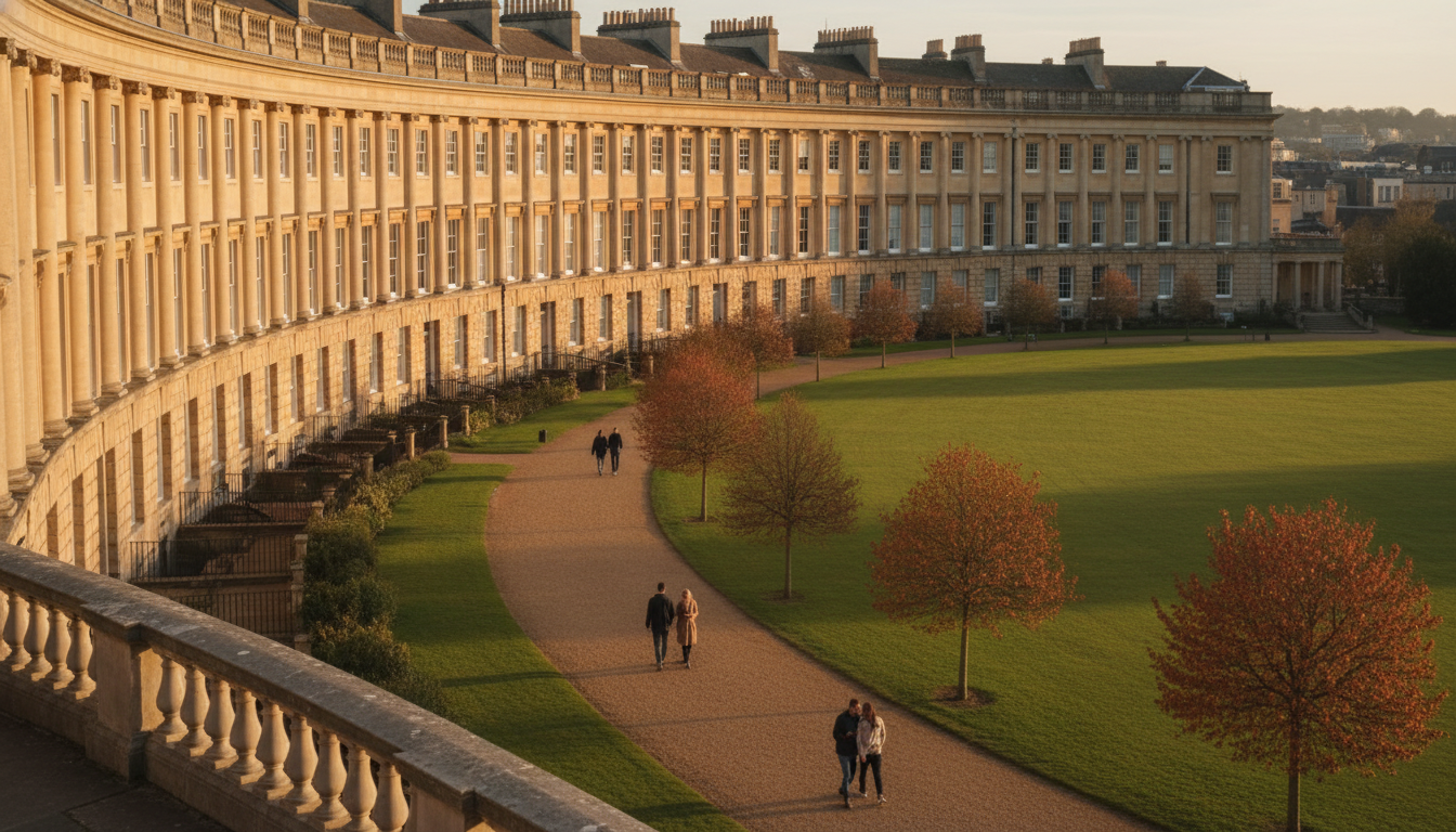 Aerial view of the Royal Crescent in Bath at golden hour, showing the iconic curved row of Georgian