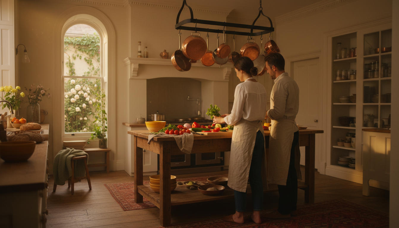 Couple cooking together in a bright Georgian kitchen with copper pots hanging overhead, fresh ingred