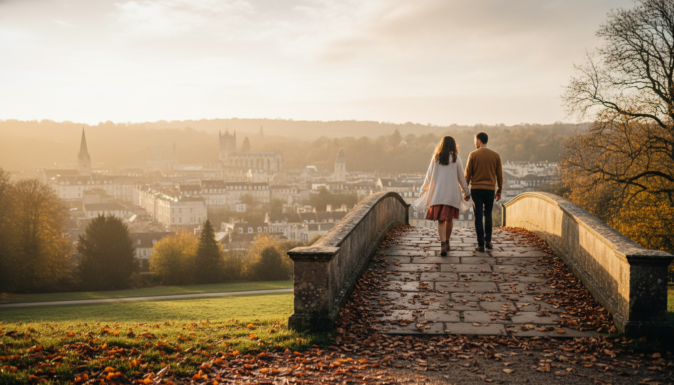 Couple walking hand-in-hand across the Palladian bridge at Prior Park, with the city of Bath visible