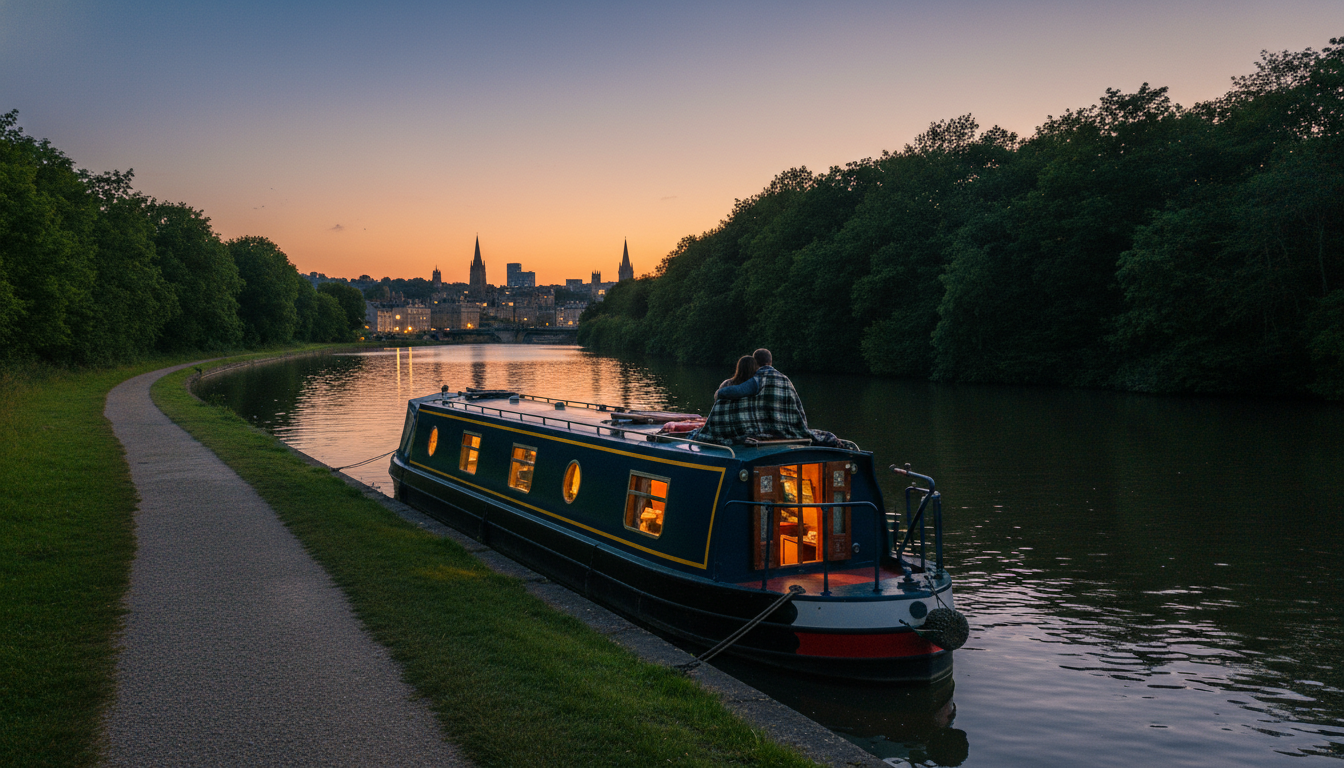 A traditional narrowboat moored on the Kennet and Avon Canal at dusk, warm light glowing from the wi