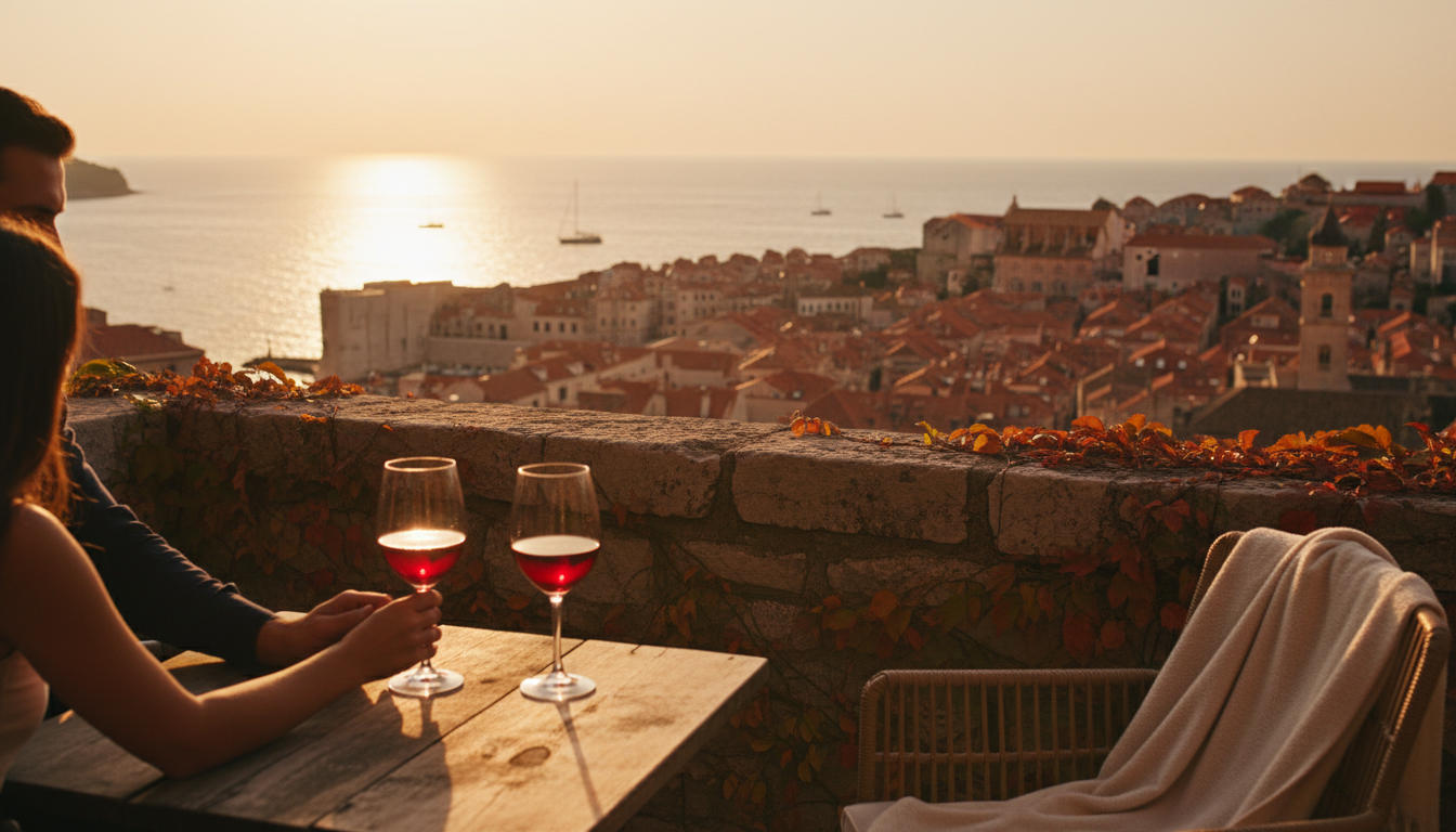Golden hour view from a stone terrace in Dubrovniks Old Town, two wine glasses catching the light, t