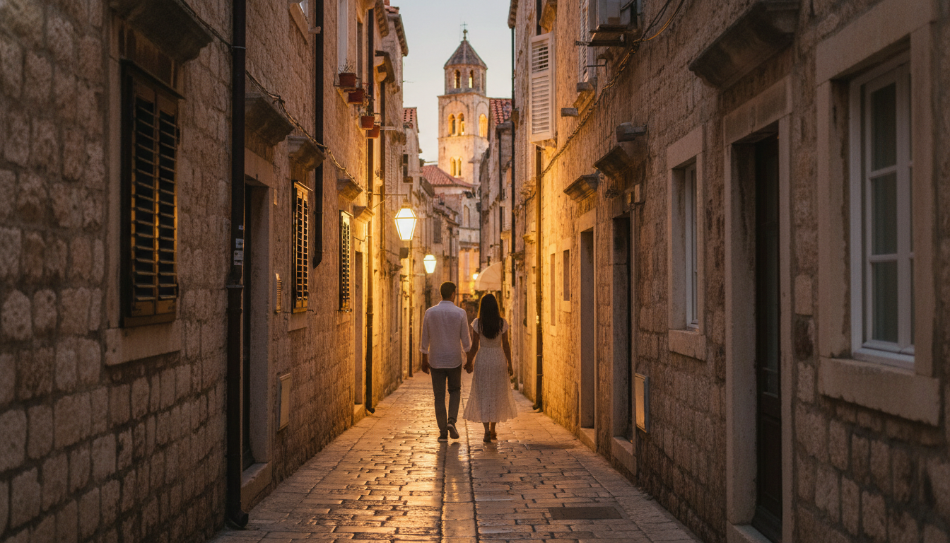 Narrow limestone alley in Dubrovniks Old Town at dusk, warm light spilling from apartment windows, a