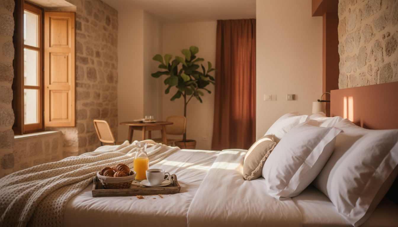 Cozy apartment interior with exposed stone walls, a king-sized bed with white linens, morning light