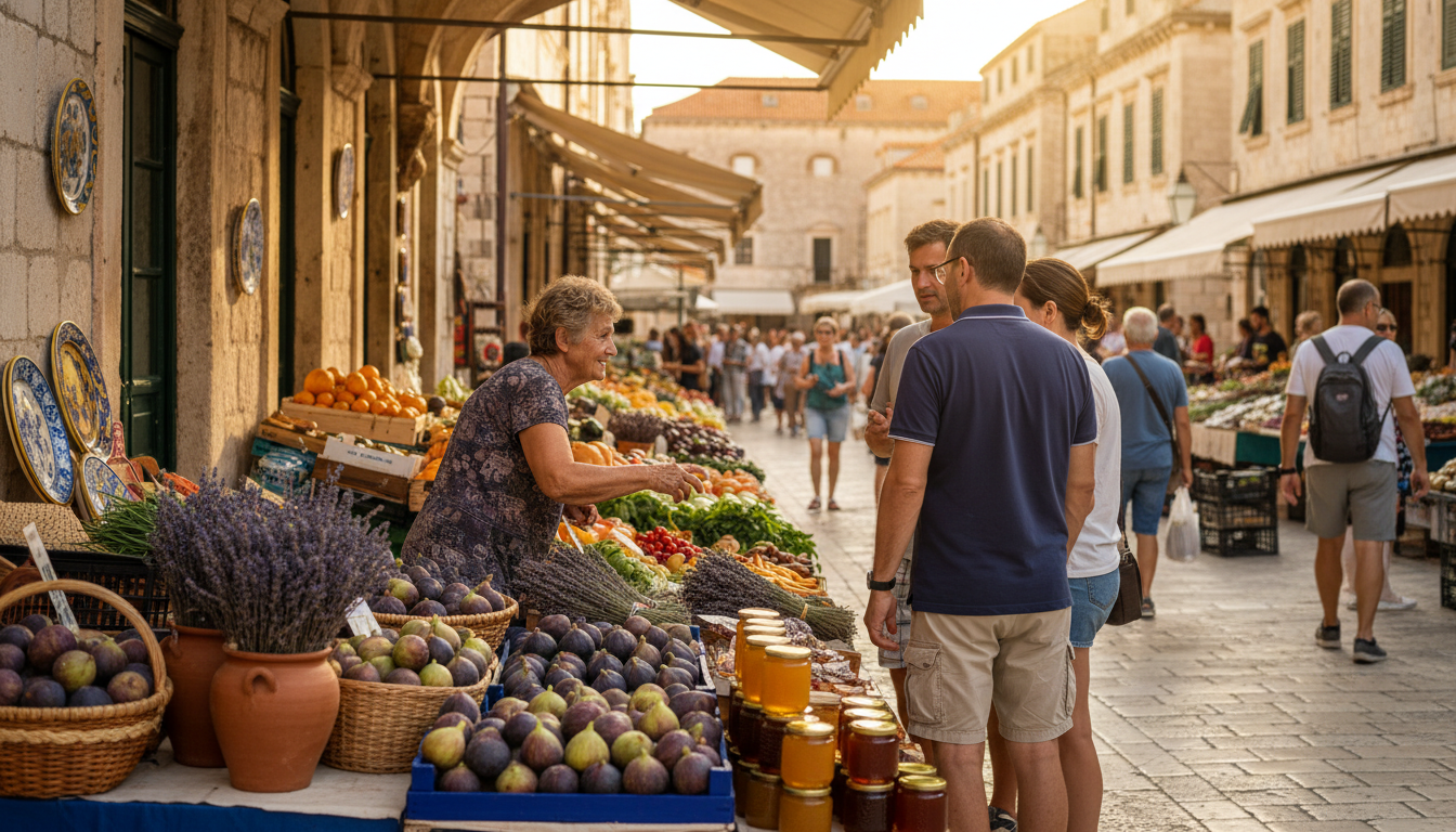 Morning scene at Gundulieva Poljana market, colorful displays of fresh figs, lavender, and local hon