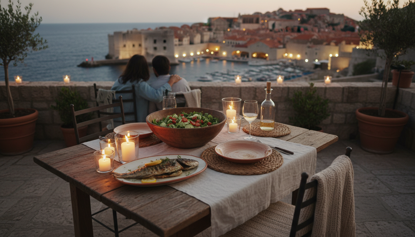 Intimate dinner scene on a candlelit terrace, simple grilled fish with lemon, salad, and wine, Dubro