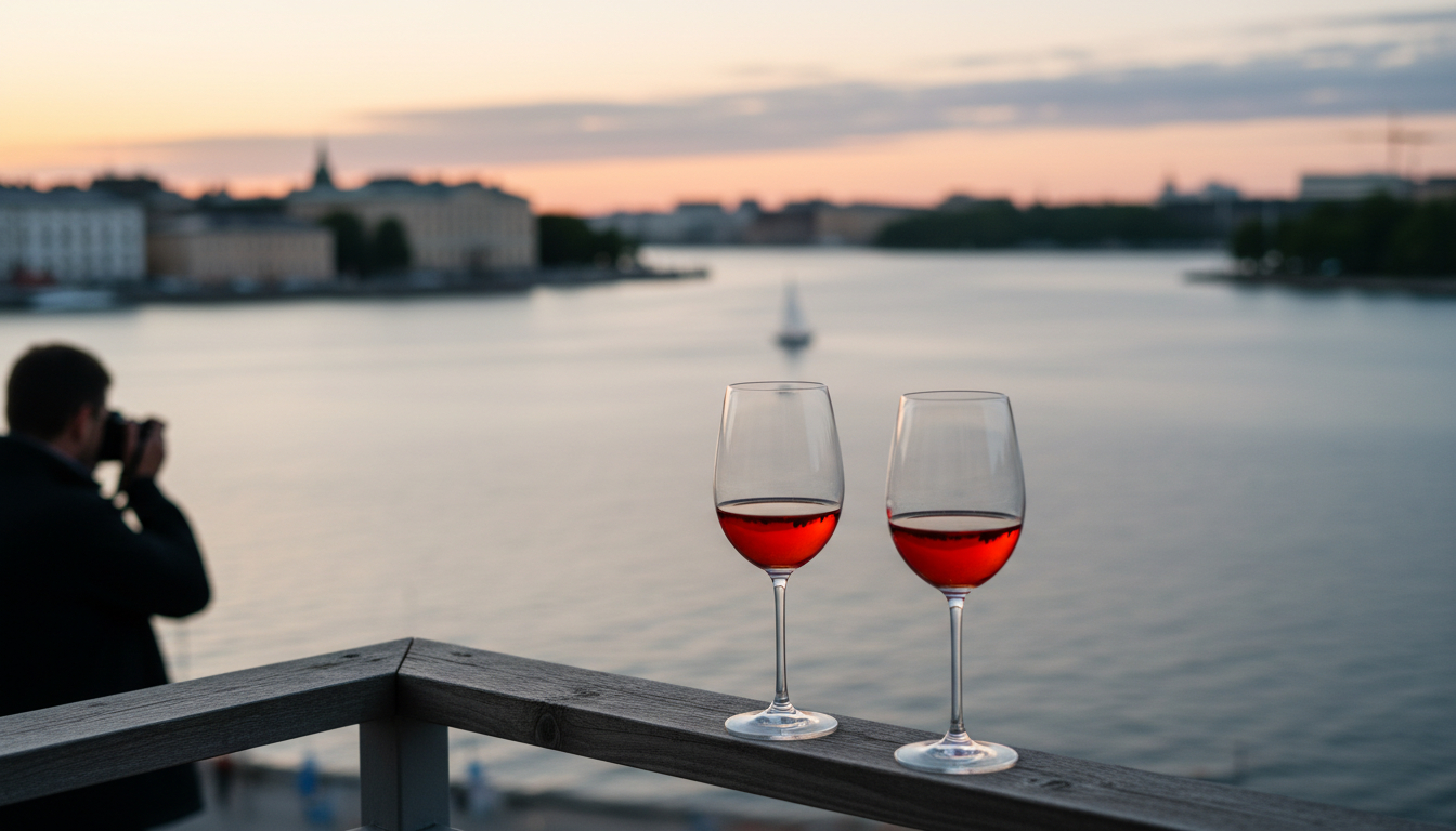 Golden hour view from a waterfront apartment in Helsinkis Kruununhaka district, with the Baltic Sea
